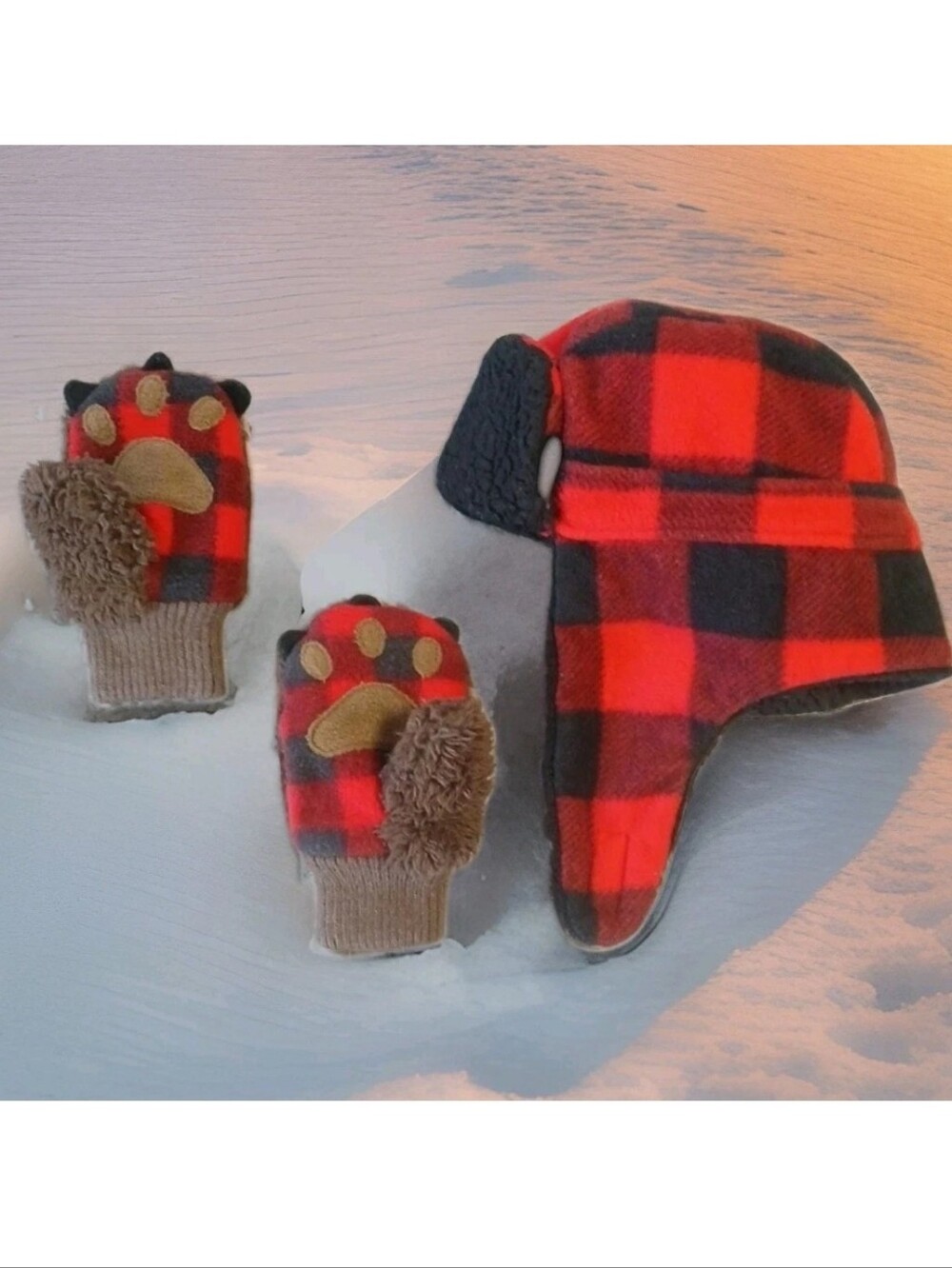 Baby Gap Size XS/S Bear Paw Mittens and Trapper Hat Bundle Red Black Brown Plush